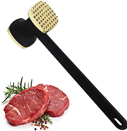 LNJ Fleischhammer - Fleischklopfer Aus Edelstahl - Doppelseitig Schnitzelklopfer Spülmaschinenfest Mit Rutschfestem Griff - Fleischplattierer Fleischstampfer Für Schnitzel, Koteletts, Steaks (Gold)
