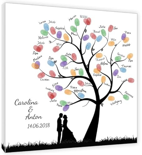 galleryy.net Fingerabdruckbaum Leinwand 40x40 cm - Individuell mit Namen & Datum - INKL Zubehör-Set mit Stempelkissen, Stift und Hochzeitsbuch - Motiv Paarbaum Schwur