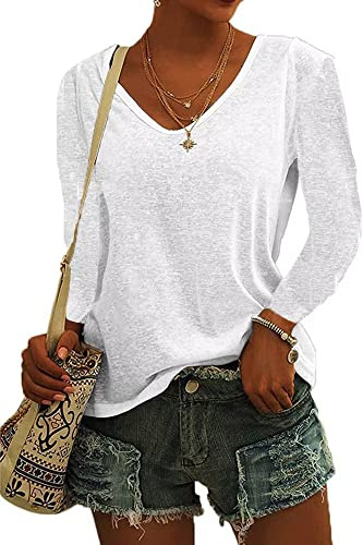 ASKSA Womens T-Shirt V Neck Tunic Tops Plain Long Sleeve Shirts Casual Loose Basic Tee Top (White,XL)