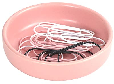 MEI YI TIAN Small Ceramic Paperclip Holder for Desk, Round Paper Clip Holder Push Pin Organizer Macaron Pink Paper Clip Dispenser Desktop Organizer Cute Storage Plate Desk Accessories