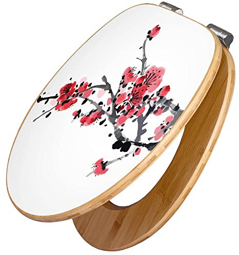 banjado Design WC Sitz Bambus Absenkautomatik 45,8x37,5cm / Toilettendeckel mit Absenkautomatik Holz/hochwertiger Bambus Klodeckel/WC-Sitz für gängigen Toiletten/Motiv Japanische Blüten 2