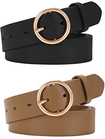 WERFORU 2 Stücke Frauen Ledergürtel für Jeans Hosen Mode Damen Leder Gürtel mit Gold O-Ring Schnalle Schwarz/Braun