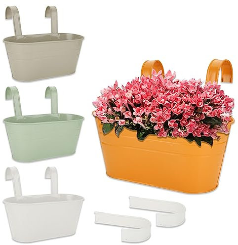 CYEER 4 PCS Hanging Plant Pot, Metal Balcony Planters for Railing with Detachable Hook, 27cm Over Fence Planters, Hanging Plant Pots Flower Pot Outdoor Garden Pots Fence, Colourful