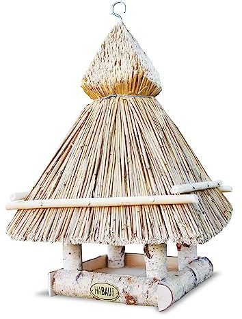 HABAU Vogelhaus aus Birke mit Strohdach, 32 x 32 x 50 cm | unbehandelt und handgefertigt, rustikales Futterhaus zum Aufhängen