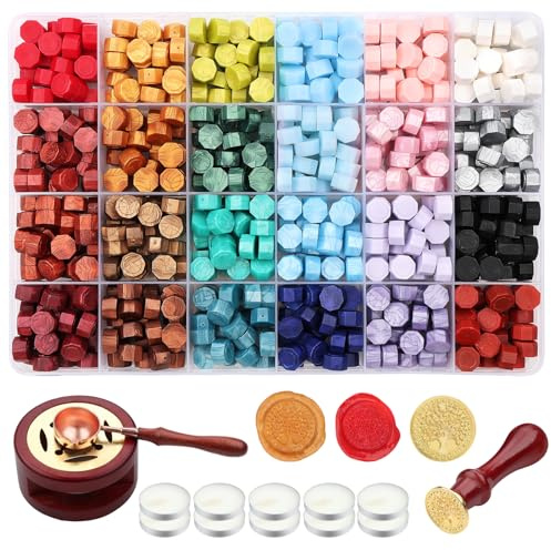 Dsaren Perles Octogonales Cire Vintage Perles de Cire a Cacheter Kit Antique Coloré Cachet Sceau avec 1Cuillère 4 Bougies à Thé Timbre Cachetage Enveloppe Invites Mariage Noel