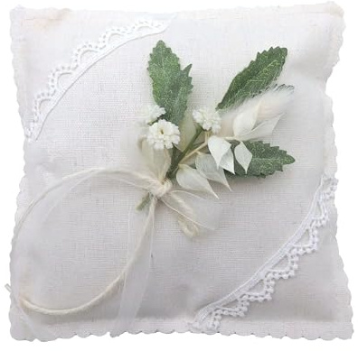 ZauberDeko Ringkissen Weiß Leinenoptik Hochzeit Accessoires Trockenblumen Polyester 14 x 14 cm LEA