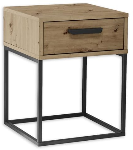 SUNA Nachttisch Nachtschrank Artisan Eiche Optik 40 x 52 x 38,5 cm (B/H/T) | Nachtkonsole für das Schlafzimmer, eine Schublade, schwarzes Metallgestell, Griff in Schwarz, viel Stauraum