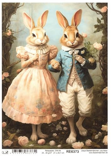 Josys Bastelmärchen Reispapier A4 Strohseide Decoupage Ostern Hasenpaar in Vintage Anzug RE6373