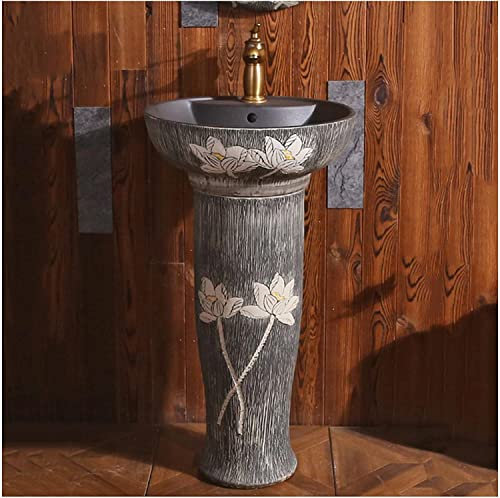 Vanity Unit with Basin,Bathroom Basin Sink with Full Pedestal, Pedestal Sink Handcrafted Ceramic wash Basin Pedestal washbasin, Kaolin Clay Pedestal Sink Round Freestanding Sink fo