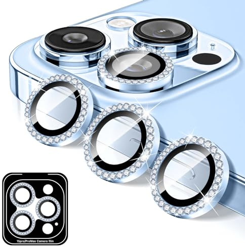 Kucheed Proteggi Obiettivo Fotocamera Compatibile con iPhone 13 Pro/13 Pro Max, Copriobiettivo per Fotocamera in Vetro Temperato Diamante, 9H Adesivi per Pellicole con Anelli Metallici