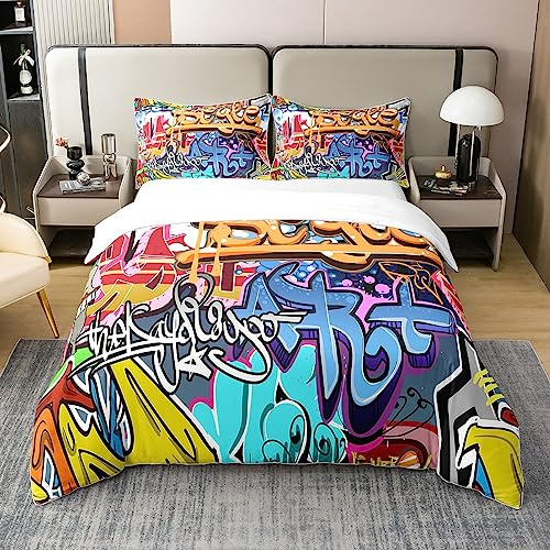 Loussiesd Hippie Graffiti Bettwäsche Set 100% Baumwolle Bunte Graffiti Art Gedruckt Bettbezug Set für Kinder Jungen Jugendliche Hip Hop Street Hipster Bettwäsche Set 135x200cm mit 1 Kissenbezug