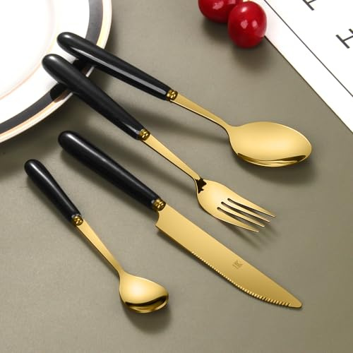SensiSel 16 pcs Black Handles Gold Stainless Steel Cutlery Set Serves 4-4X Knives 4X Forks 4X Table Spoons 4X Tea Spoons - Mirrror Polished Smooth Edges Flatware - Dishwasher Safe - Gift/Daily Use