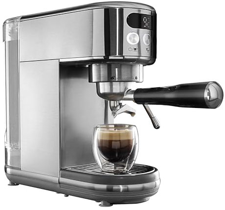 Daewoo Compact Espresso Coffee Machine, Digital, 20Bar Pressure, Professional Look With Steam Wand, Barista Quality Coffee Made At Home With Ground Coffee, 1.2 Litre Water Tank, Accessories Included