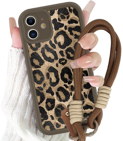 Yirlbey Coque pour iPhone 11 avec Cordon de Bracelet, Silicone Étui avec Aesthetic Brun Léopard Motif Design, Antichoc Bumper Protection Housse avec Lanyard Cover Case pour iPhone11 6,1, Vache