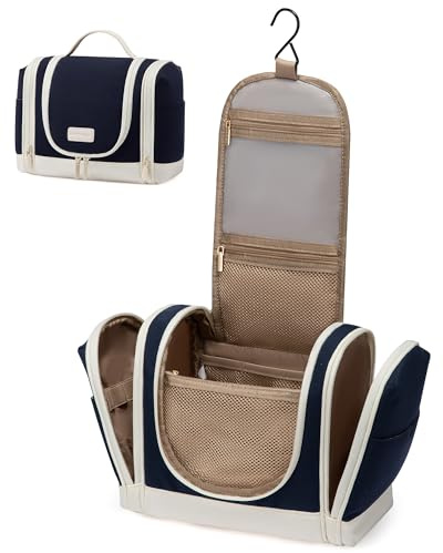 LOVEVOOK Kulturbeutel Zum Aufhängen, Kulturbeutel Damen Groß, Reise Kulturtasche Damen, Kosmetiktasche Zum Aufhängen, Set Mit 10 Fächern Für Den Täglichen Gebrauch Oder Reisen - Marineblau Beige