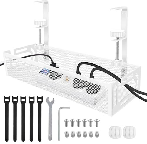 Under Desk Cable Management Tray – Metal Cable Tray for Wire Organizer,No Drill Cable Management Under Desk Cable Holder for Power Strip & Cord Storage, Easy Clamp Installation