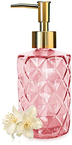 Glas-Seifenspender 330 ml mit Rautenmuster - Elegante Design Seifenspender mit Kunststoffpumpe für Bad & Küche, Lotionen & Ätherische Öle,Leicht zu Reinigen (Pink)