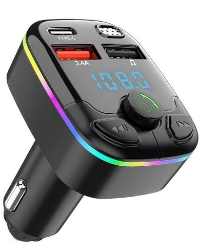 Bluetooth FM Transmitter Auto, Bluetooth 5.3 Adapter mit 5V/3.1A Schnellladung, Type-C, Hi-Fi Bass Boost, Bunte LED, Freisprecheinrichtung, TF/USB (bis 32GB), 12–24V Kompatibilität