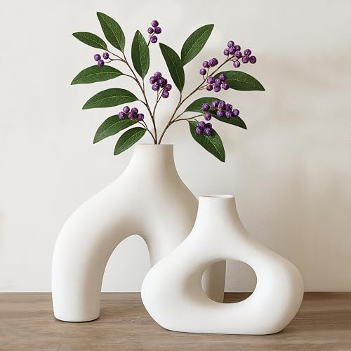 Nordic Ceramic Vase Set – 2 White Sculptural Vases for Fresh Flowers or Dried Stems – Minimalist Home Décor for Shelf, Table, Wedding or Gift – Holds Water