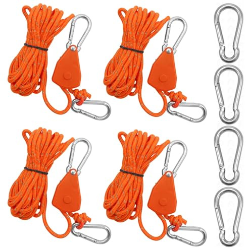 4 Stück Reflektierend Abspannseile mit Seilspanner, 4 m x 4mm Verstellbarer Seil Ratsche mit 4 Stück Karabiner, Einstellbare Nylon Schnurspanner Camping Schnur für Zelten Ventilatoren Pflanzenleuchten