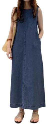 Womens Maxi Denim Dress Casual, Loose Crewneck Long Tank Jean Dress with Pockets (Dark Blue,L)