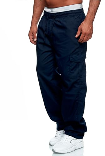 Herr cargobyxor stridsarbete vardaglig joggingträningsoverall byxor dragsko midja byxor med fickor, Marinblått Xsp, 3XL