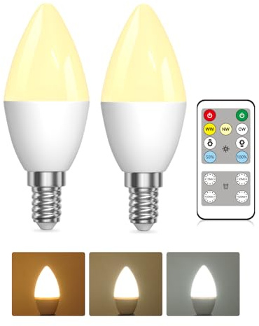 Lustaled Bombilla LED E14 con mando a distancia, 3 temperaturas de color 3000 K/4000 K/6000 K, temporizador regulable, C37, forma de vela, 5 W, para decoración del hogar, paquete de 2 unidades