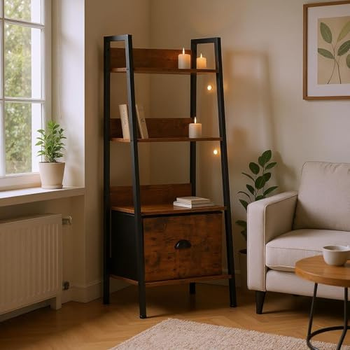 FurnitureR Bibliothèque échelle à 4 Niveaux, 42 x 29 x 110 cm, avec tiroir en Tissu, étagères en Bois de 12 mm et Cadre en métal de 20 mm, paroi arrière de 7,5 cm, étagère élégante pour Salon dans Un