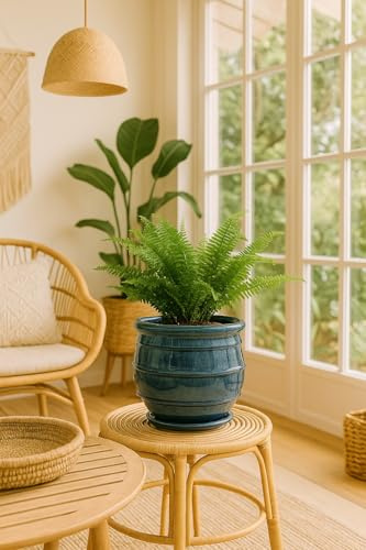 Vaso da fiori Ocean Barrel – Vaso alto in ceramica fatto a mano con sottovaso, smalto naturale blu oceano – Vaso da interno per grandi piante da interno – Ø [Dimensione] cm