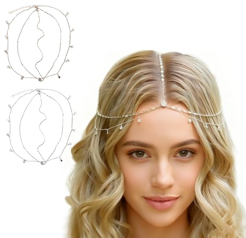 2PCS Gold Headpiece Crystal Head Chain for Women and Girls, Boho Hair Accessories Indian Head Jewellery, Bridal Festival Headwear, Sparkly Rhinestone Wedding Headband, Elegant Head Jewellery