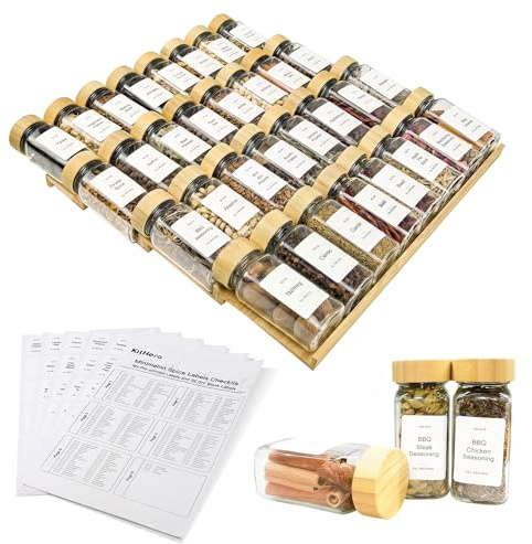 KitHero Gewürzschublade-Organizer mit 35 Gewürzgläsern (Bambusdeckel), 216 Etiketten, 25 Anti-Rutsch-Gummis – Bambus, 4-stufig, für Schubladen, Schränke, Arbeitsplatte – 37 x 40 cm