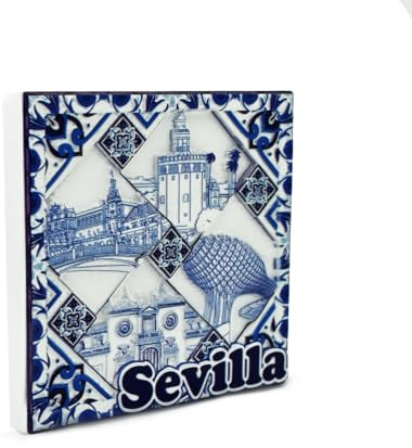 BDM Kühlschrankmagnet von Sevilla | Design: Holz, Fliesen oder Keramikplatte | Erinnerung mit Giralda und Flamenca | Souvenir aus Andalusien - Modell 1