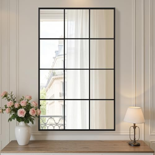 Reflix Espejo de jardín de 100 x 75 cm, espejo decorativo de pared, espejo de ventana con marco de aluminio para pasillo, salón, dormitorio, entrada, color negro