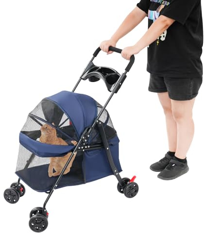 Faltbarer Haustierwagen bis 18kg, Leichter Hundewagen mit 360° Rädern & Feststellbremse - Klappbarer Transportwagen mit Belüftungsnetz für Kleine Hunde/Katzen (Marineblau)