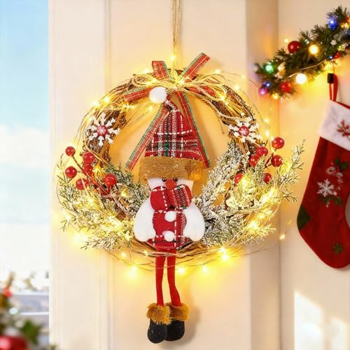 Türkranz Weihnachten mit LED Licht, 35 cm Weihnachtskranz Haustür mit Lichterkette Schneemann Türkranz Beleuchtet Weihnachtstürkranz Weihnachtsdeko Kranz Deko zum Aufhängen für Tür Wand (B)