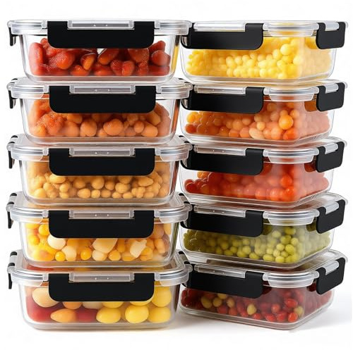 10-Pack Glass Food Storage Containers with Lids 36OZ&13OZ, Airtight Leakproof Meal Prep & Lunch Boxes, Freezer & Oven Safe, Snap Lock for Pantry Organization, Dishwasher Friendly(1040ML & 370ML)