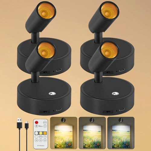 Dehobo Aufladbare Spotlight 240LM LED Wandleuchte Innen Akku Pflanzenlampen | 3 CCT Wandlampe Innen Dimmbar mit Fernbedienung, 350° Drehbare akku lampe für Wand Bilder Pflanzen Home Dekoration, 4 Stück