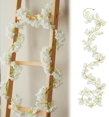 QyizuiPcn 2 Stück Kirschblüten Deko Blumengirlande Künstlich, Elegante Raumdekoration Für Wohnzimmer Und Events, Langlebige Kunstblumen Girlande Blumen In Weiß, Set Mit Flexiblen Zweigen