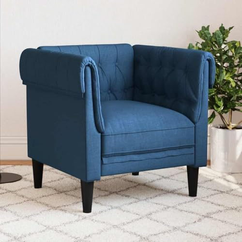 QUAHEAS Chesterfield-fåtölj, blått tyg, klassisk klädselfåtölj för vardagsrum, sovrum och kontor, bekväm enkelfåtölj med träben