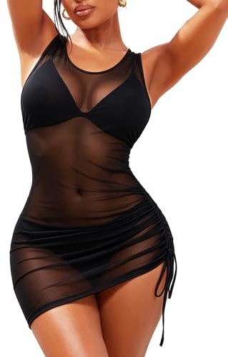 TZLDN Women Mesh Bikini Cover Up Sheer Bodycon Sexy Beach Side Drawstring Ruched Swimsuit Coverup Holiday Black S