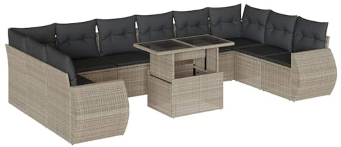 Foknhdi 11-TLG. Gartenmöbel Set Rattan Sofa Garnitur mit höhenverstellbarem Tisch Hellgrau 94 kg Robust & Modern für Balkon Terrasse Wintergarten