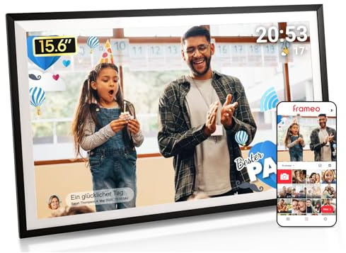 Frameo Digitaler Bilderrahmen 15,6 Zoll Full-HD - WLAN Touchscreen mit App-Steuerung, Videos mit Ton, 32GB Speicher, Geschenk für Mama, Eltern und Großeltern