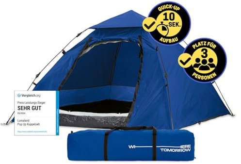Lumaland Pop Up Camping Zelt | 2-3 Personen Kuppelzelt 215 x 195 x 120 cm| 4 Jahreszeiten Igluzelt | Outdoor Trekking & Festival Wurfzelt | Leicht, Wasserdicht & Robust | Aufbau simpel, schnell [Blau]
