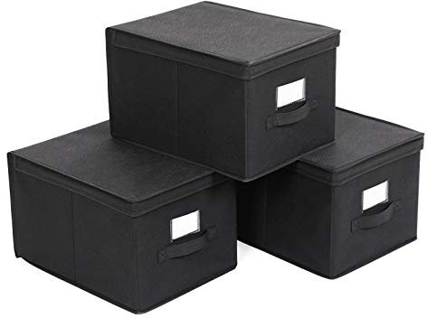 SONGMICS Aufbewahrungsbox, 3er Set, Faltbox mit Deckel, Boxen Aufbewahrung, Stoffbox mit Etikettenhalter, Aufbewahrungskorb, 40 x 30 x 25 cm, schwarz RFB03H