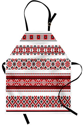 ABAKUHAUS rot Kochschürze, Ukrainische Handarbeit-Illustration-ethnische traditionelle Akzente Kunst und Handwerk Theme, Farbfest Höhenverstellbar Waschbar Klarer Digitaldruck, Weiß Schwarz Rot