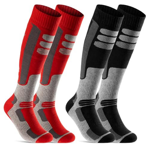 sockenkauf24 2 Paar Skisocken Herren Damen Ski Kniestrümpfe Atmungsaktiv WP (Schwarz | Rot, 39-42)