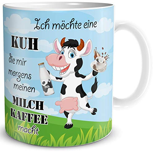 TRIOSK Tasse Kuh lustig mit Spruch Milch Kaffee Kuhmotiv Coffee Geschenk für Kuhliebhaber Arbeit Büro Frauen Freundin Kollegin, Keramik 300ml