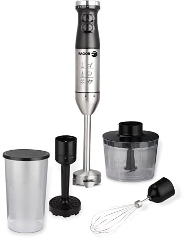 Fagor Batidora de mano DIVAMIX Plus 800W de potencia. Incluye 4 accesorios: Vaso medidor 700ml, minicpicadora de 500ml, Varillas emulsionadoras y pasapurés. Pie desmontable de acero inoxidable.