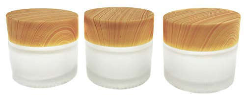 VASANA 3PCS Empty Refillable Glass Cosmetic Jars Face Cream Lip Balm Storage Containers Bottles with liners and Wood Grain Lids for Make Up Scrubs Oils Salves Creams Lotions