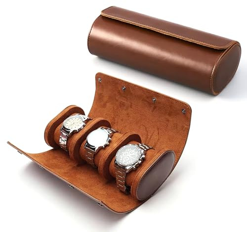 Longjet Watch Roll Travel Case for Men Portable Watches Organizer Box with Removable Velvet Pillow Holder (Brown)